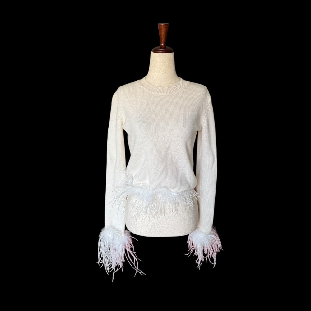27 Miles Wool Cashmere White Sweater with Feather Trim sz XS Glam Evening Fun